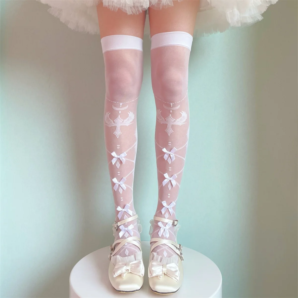 Japanese Cute Lolita Cross Bow Thin Jacquard Leg Socks Lolita Over The Knee Socks Goth Lolita Stockings Women