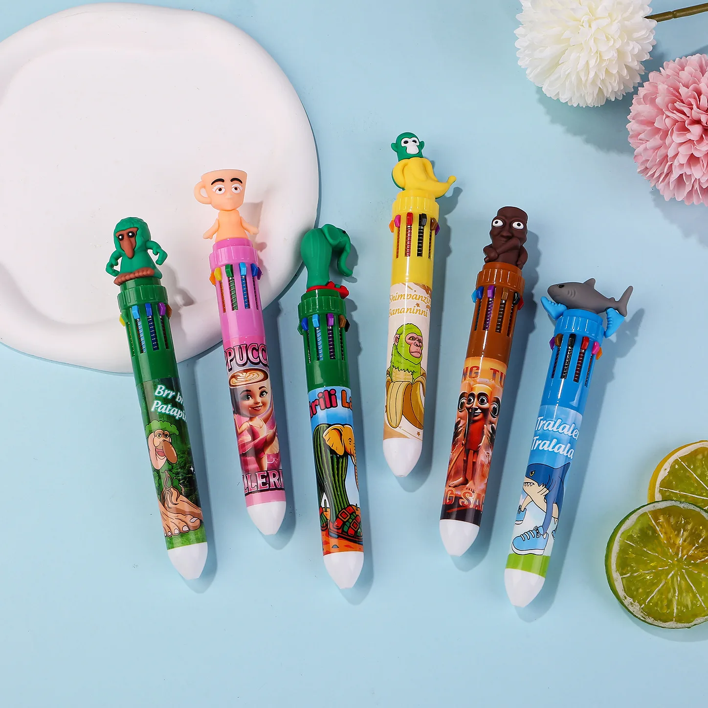 قلم حبر جاف ملون على شكل حيوان 0.7 مم، 10 في 1 قلم ملون 10 ألوان قابل للسحب قلم حبر جاف كرتوني لطيف للمكتب والمدرسة