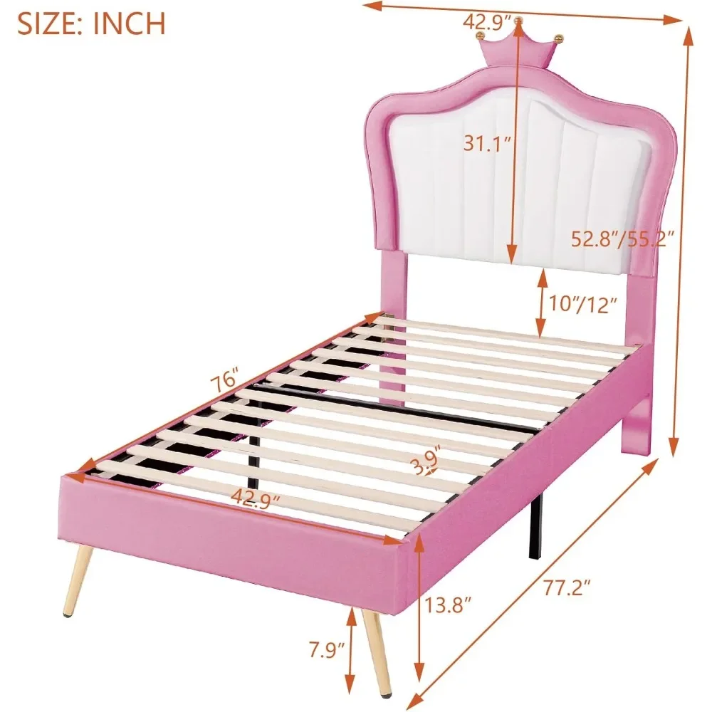 Upholstered Princess Bed, Platform Bed Frame with Adjustable Crown Shaped Headboard and LED Lights