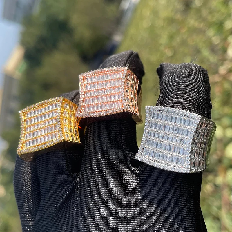 

Hip Hop 5A+ CZ Stone Paved Bling Ice Out Geometric Arcuate Finger Rings for Men Rapper Jewelry Rose Gold Silver Color