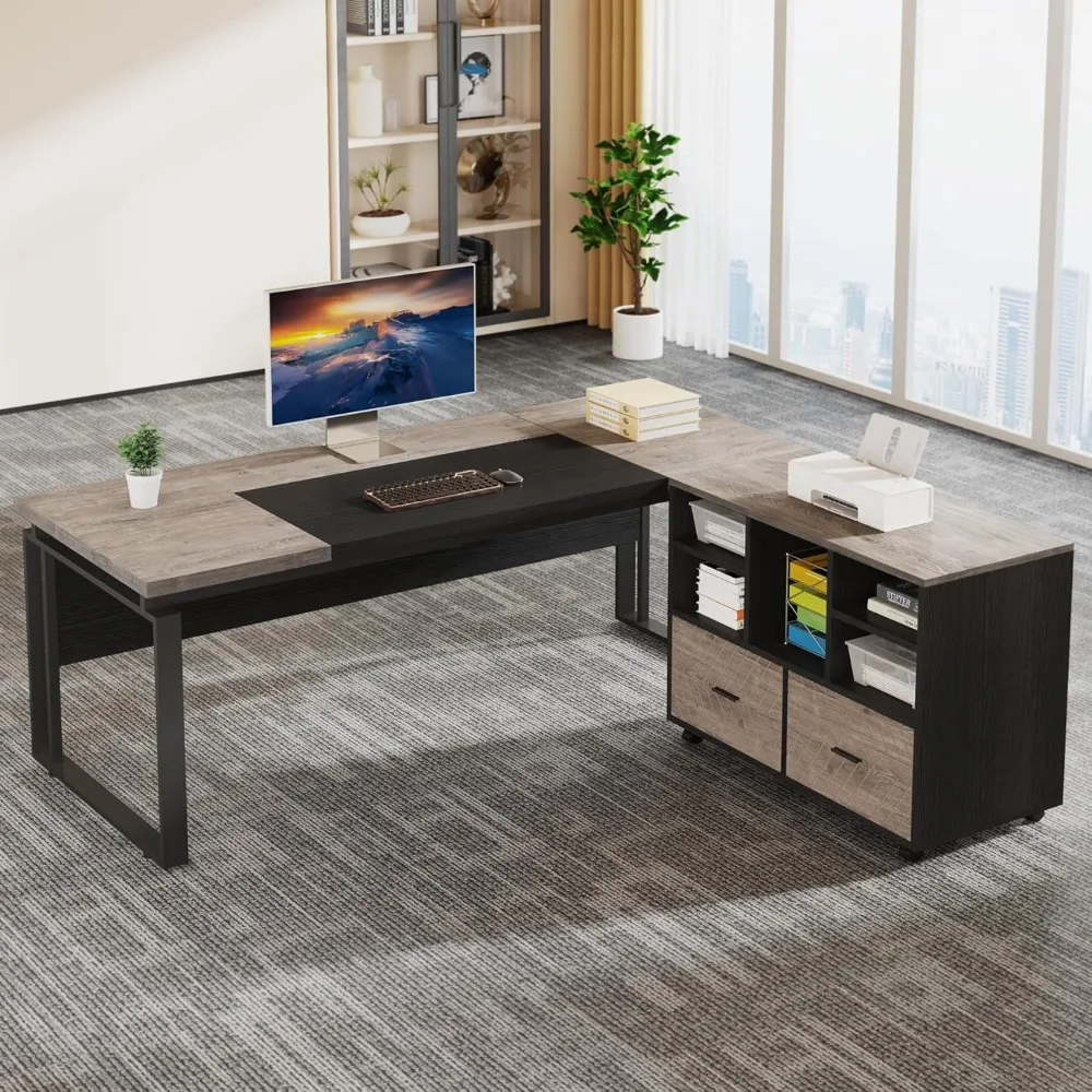 

L-Shaped Executive Desk with Reversible File Cabinet, Office Desk with Storage Drawers