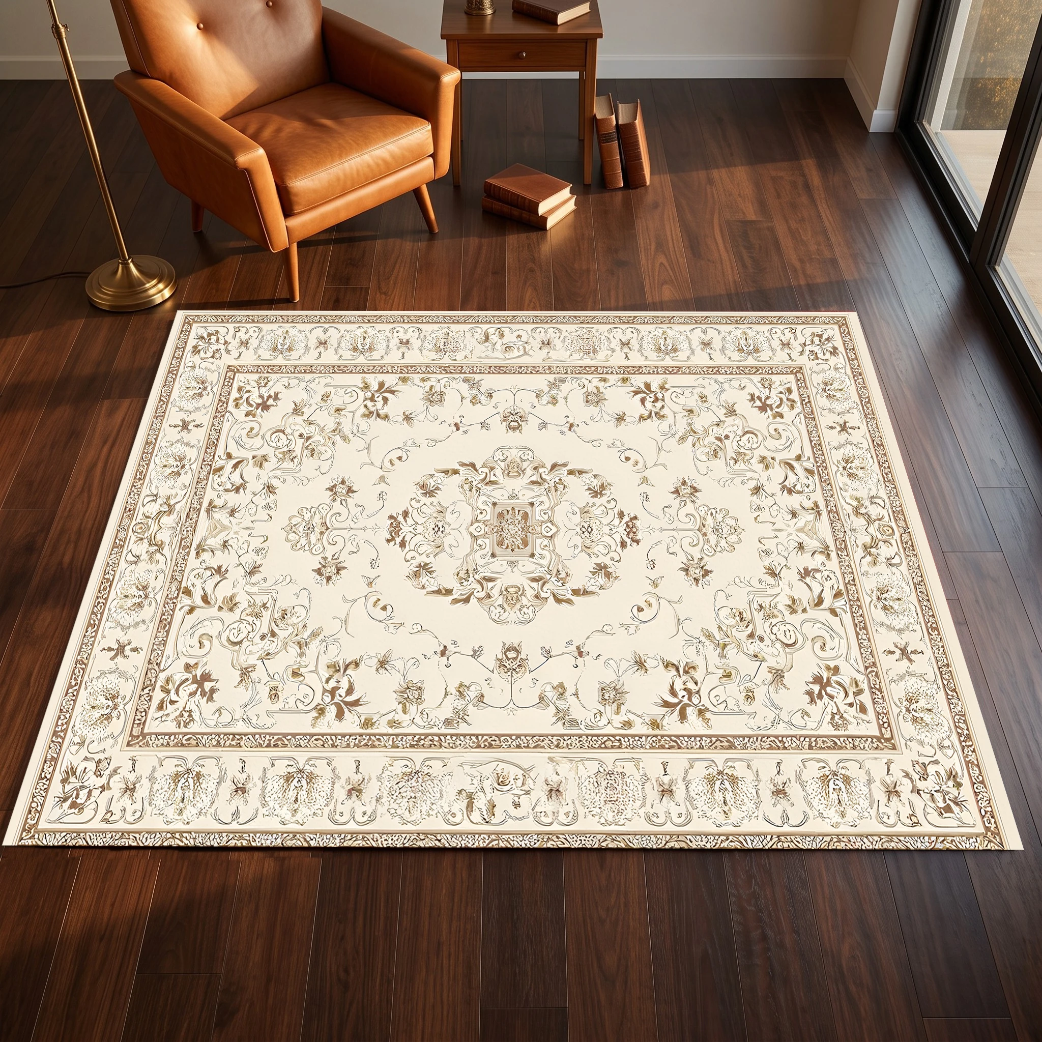 Beige European Floral Velvet Area Rug, Retro Light Luxury for Living Room Bedroom, Autumn Winter Christmas