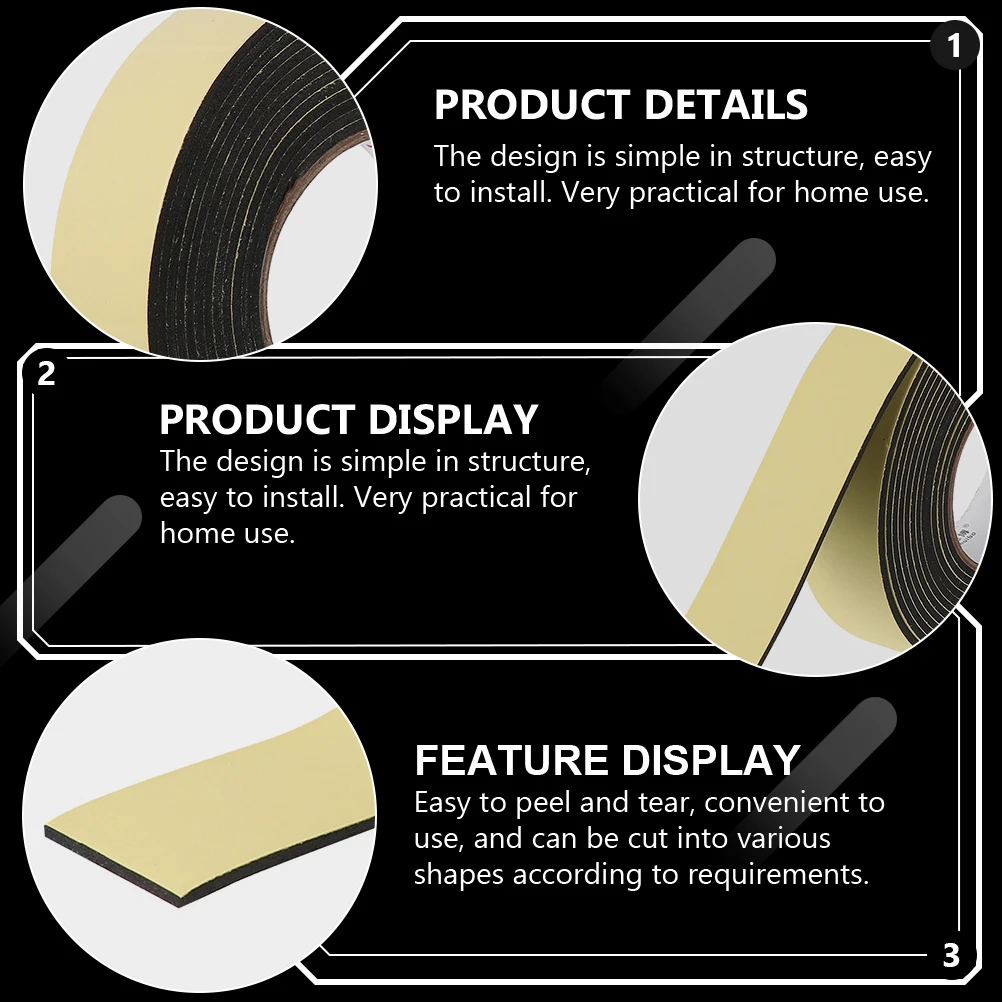 

2 Rolls Black Foam Single Sided Tape Soundproof Eva Sponge Sealing Strip Door Window Home Windproof Adhesive Seal Strip Durable