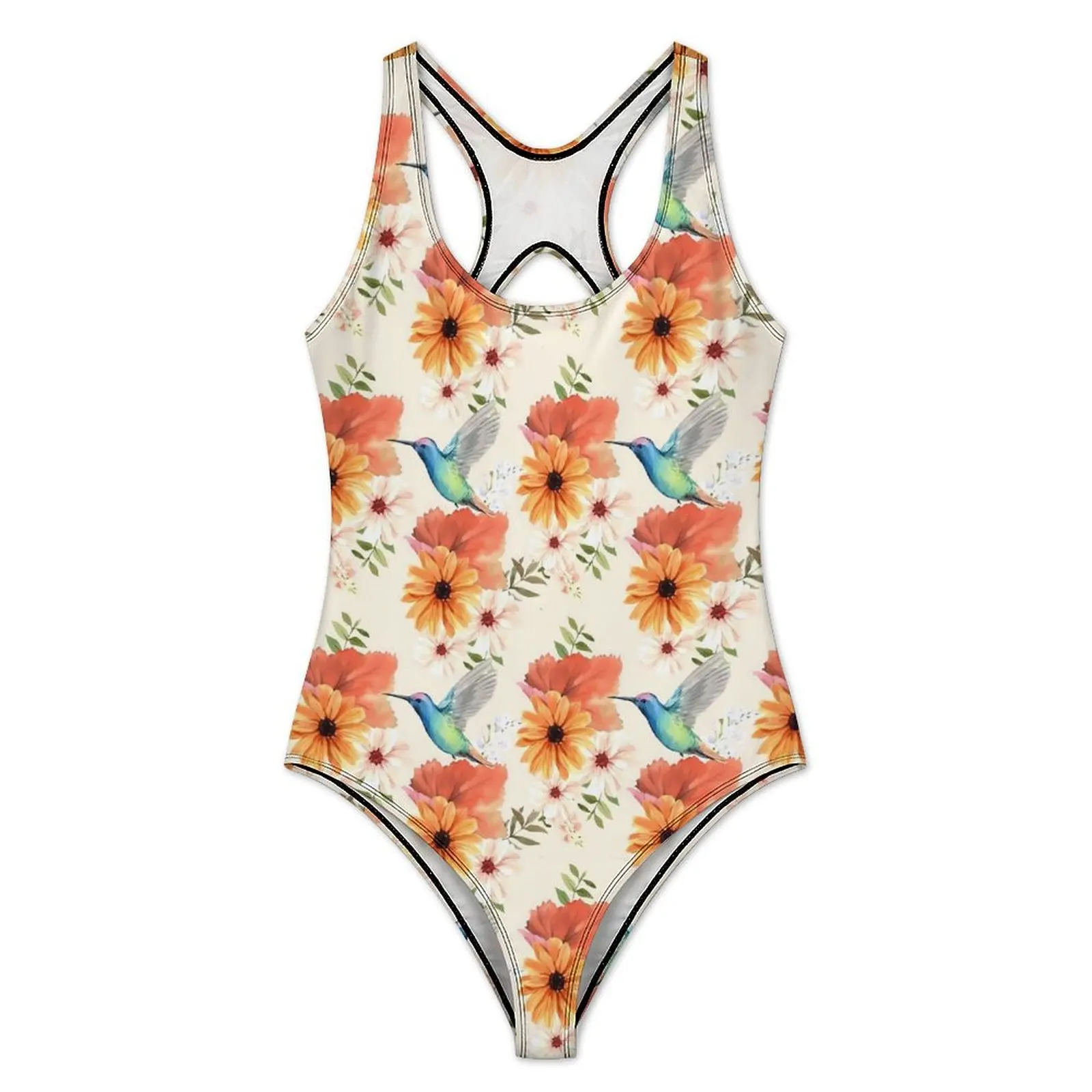 Birds Flower Print Swimsuit Sexy Red Floral One Piece Swimwear Push Up Swimsuits Elegant Fitness Beach Wear