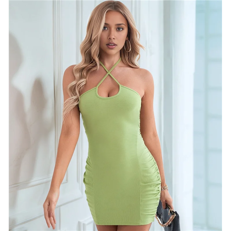 AOAO-Mini vestido ajustado sin mangas con pliegues y cuello halter para mujer, vestido de fiesta y club