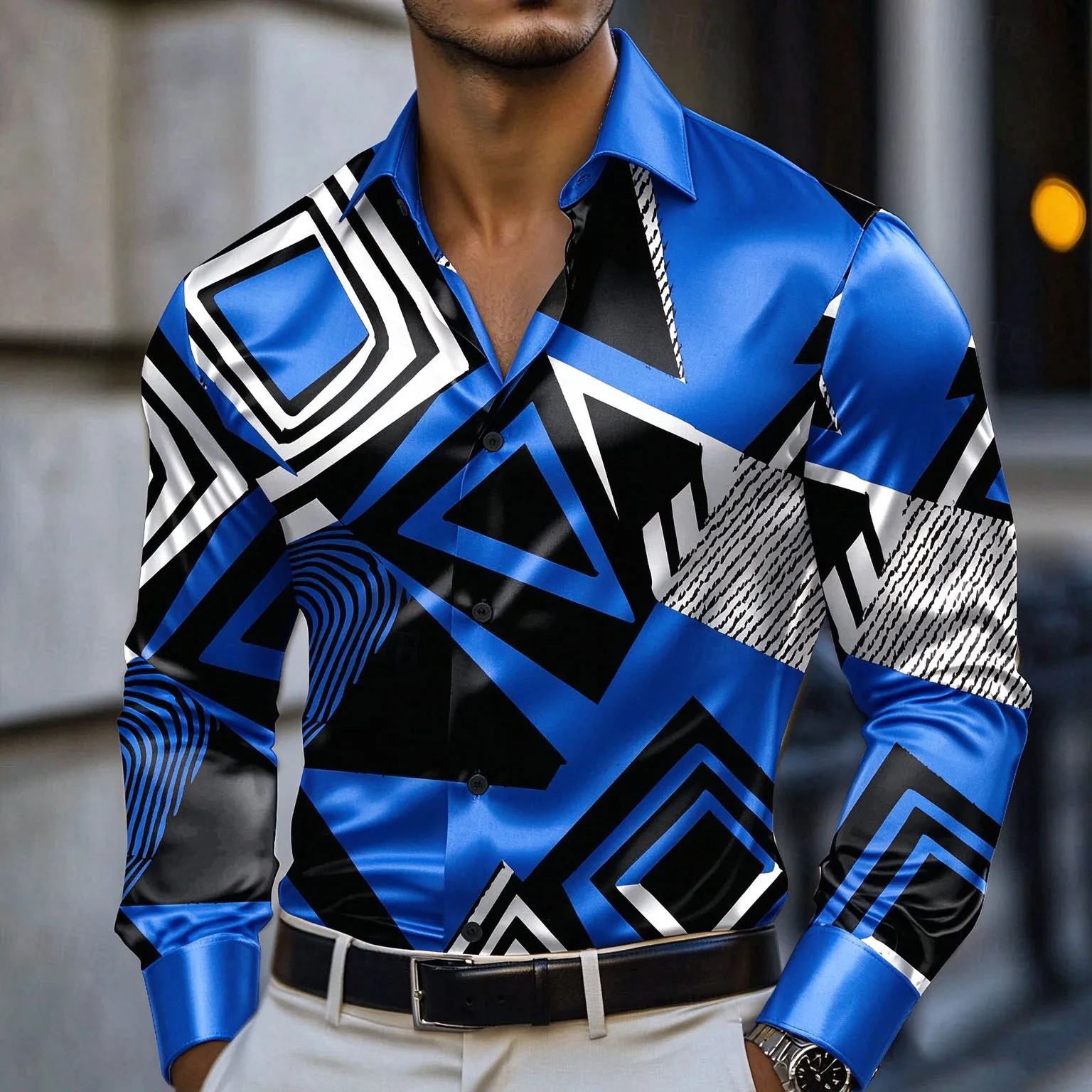 Men's Geometric Color Block Grid/Platform Satin Long Sleeve Shirt Fashionable Casual Resort Day Wear Summer Lapel 3D Printed But