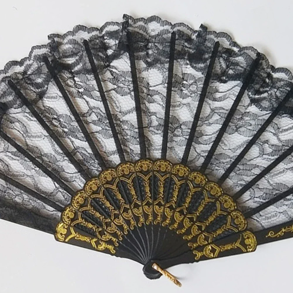 Vintage Elegant Handheld Foldable Chinese Lace Silk Folding Fan Shank Classical Dance Fan Art Gifts Room Wedding Home Decoration