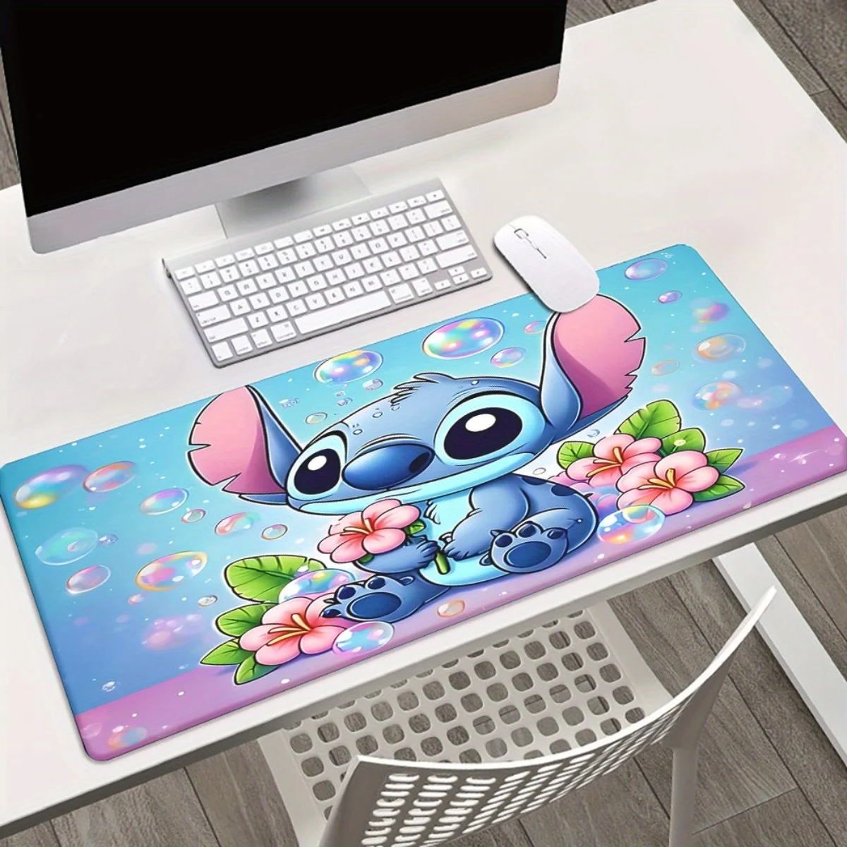 Alfombrilla de ratón para juegos Disney Lilo & Stitch XXL, Base de goma antideslizante, diseño de punto vibrante con flores y burbujas, escritorio grande M, 1 ud.