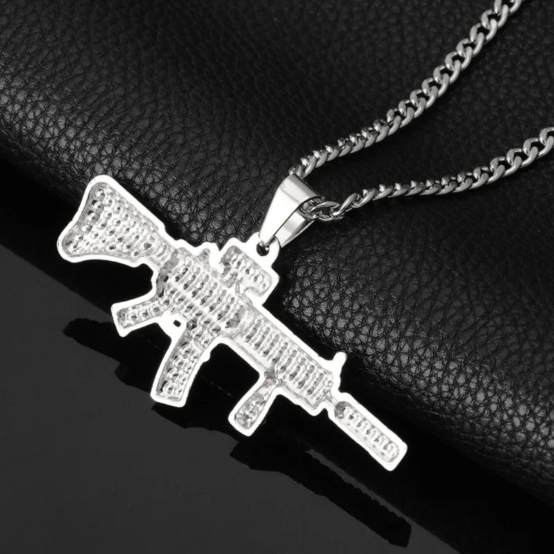 Trendy hip hop bar personality necklace hanging men's and women's full diamond submachine gun jewelry best-selling