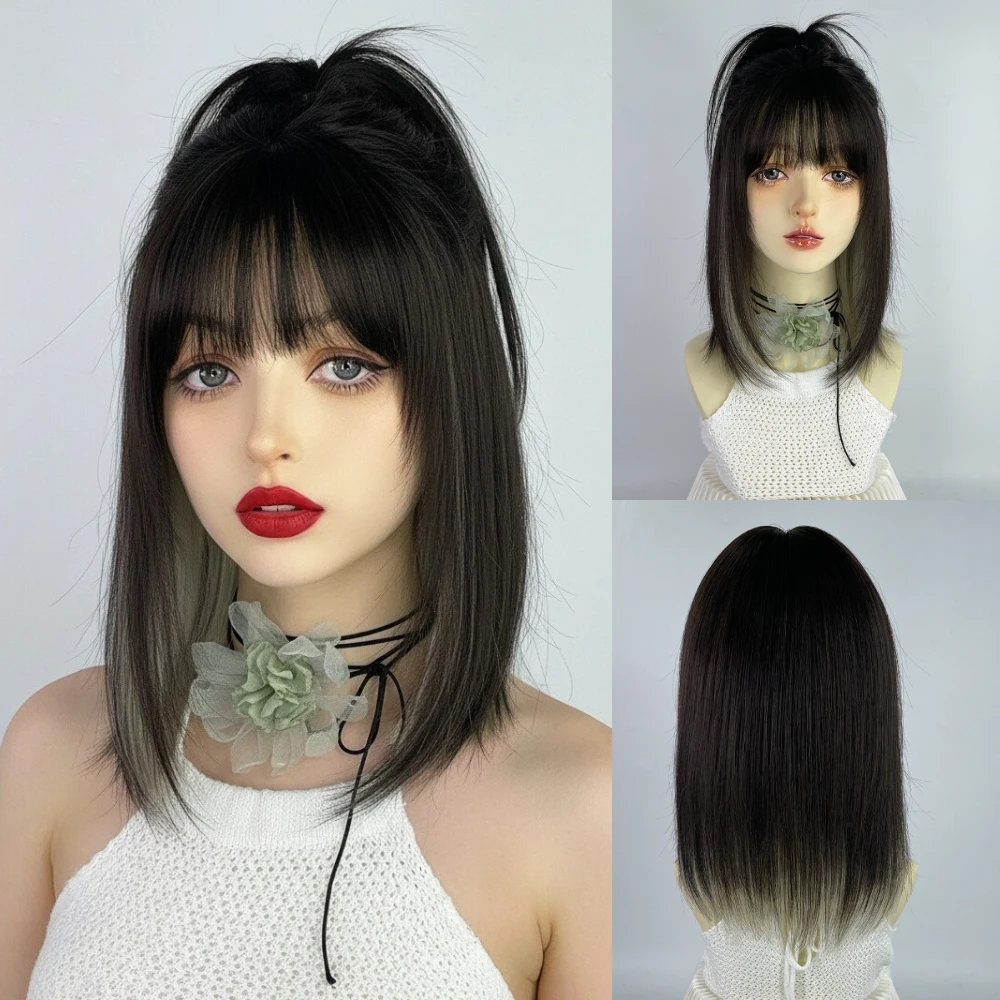 

Women's Short Straight Ombre Wig Blonde And Black With Bang Heat Resistant Synthetic Lolita for Cosplay Party Daily Wear