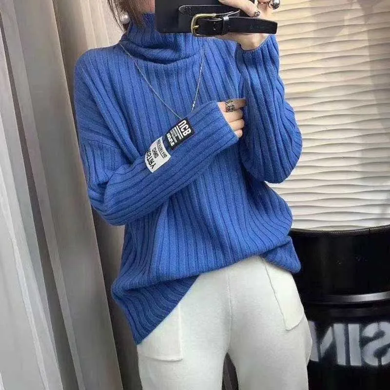 Mode Coltrui Gesplitst Koreaanse Effen Kleur Truien Dames Kleding 2023 Winter Losse Gebreide Casual Pullovers All-Match Tops