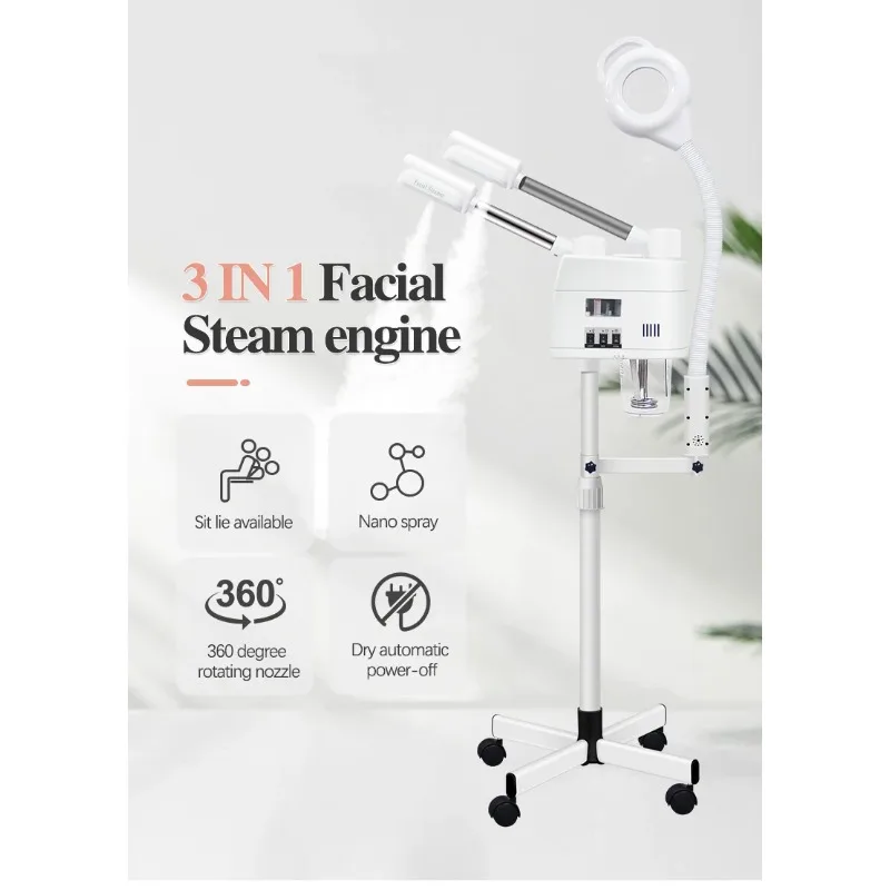 2025 Hot 3 In1 Hot and Cold Face Steamer With 8x Magnifying Lamp Ring Light for Salon Sauna Vapor Ozone Vaporizer Facial Steamer