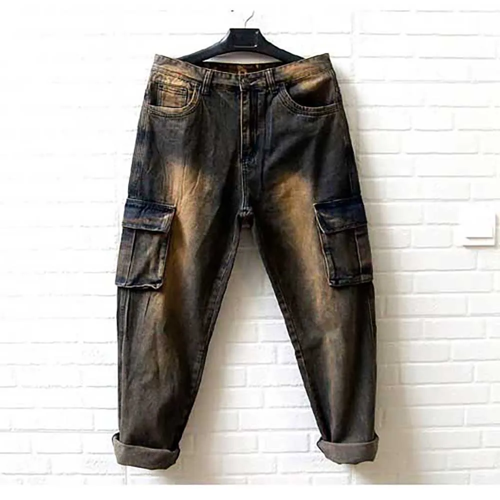 Tactical Denim Cargo Pants Men\'s Casual Retro Jeans Straight Loose Baggy Distressed Trousers Big Pocket Streetwear Clothing