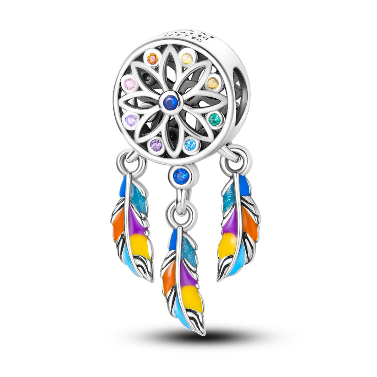 

925 Sterling Silver Rainbow CZ Dreamcatcher Charm Fit Women DIY Bracelet Necklace Fashion Jewelry Boho Feather Gift