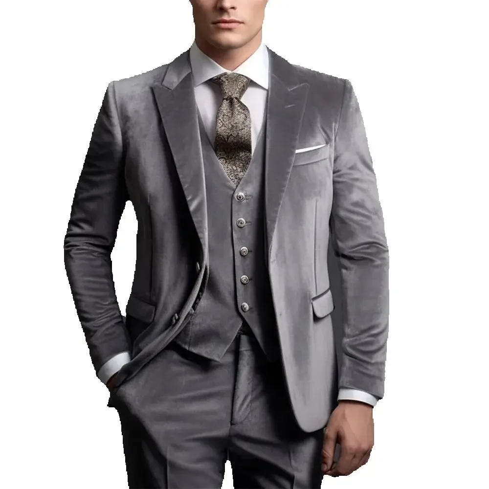 Velvet Suits for Men Single Breasted Wedding Tuxedo Groom Peak Lapel Slim Fit 3 Pieces Grey Formal Suit Jacket with Pants Vest