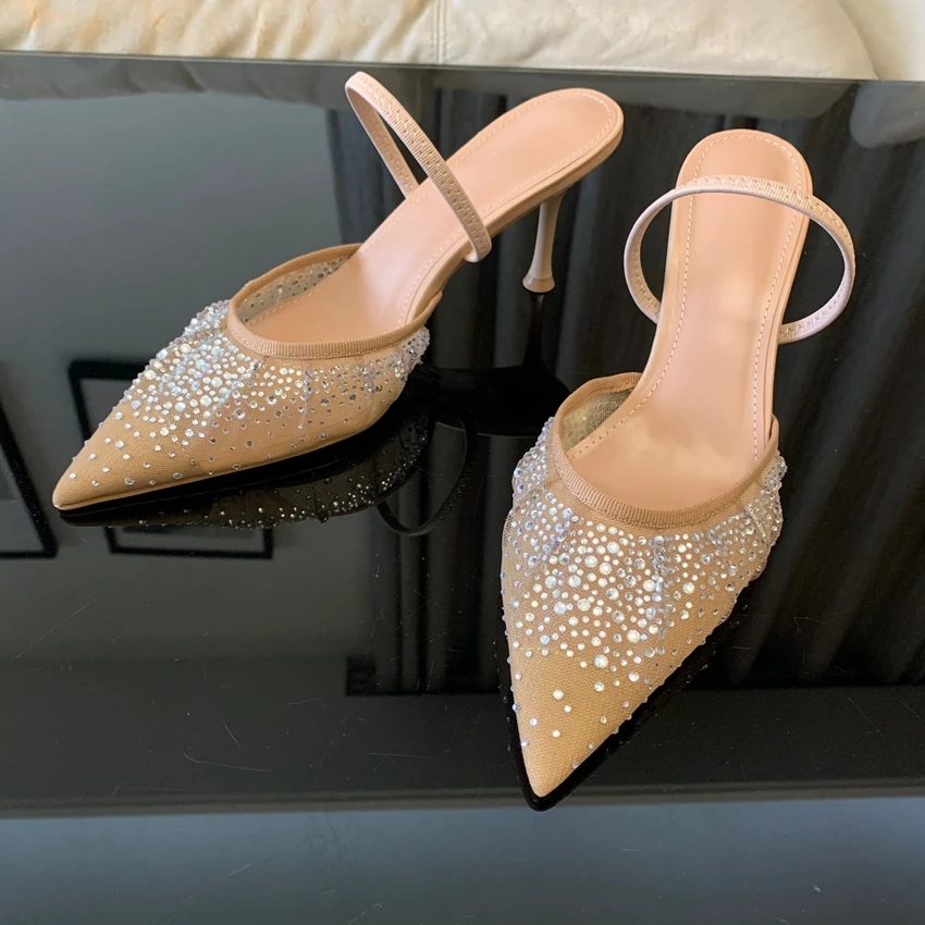 2024 Women High Heels Pumps Summer Fashion Rhinestone Mesh Stilettos Slingbacks Women Pointed Toe Thin Heel Sandals Shoes Woman