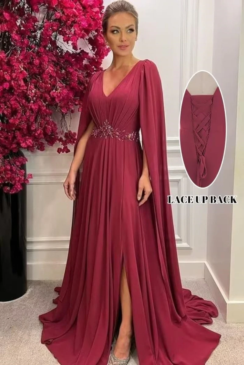 

Long Sleeve Mother of The Bride Dresses for Wedding Beaded Chiffon V Neck Formal Dresses