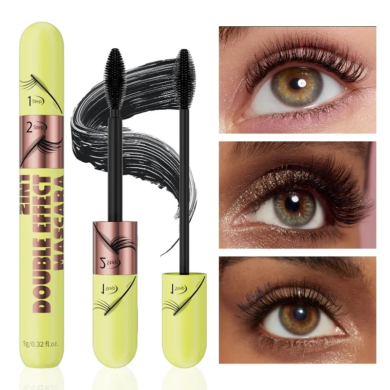 มาสคาร่า 2-in-1 สูตรกันน้ำ ติดทนนาน ไม่จับตัวเป็นก้อน เพิ่มความยาวและหนาให้ขนตา ไม่เลอะเปื้อน ติดทนนาน