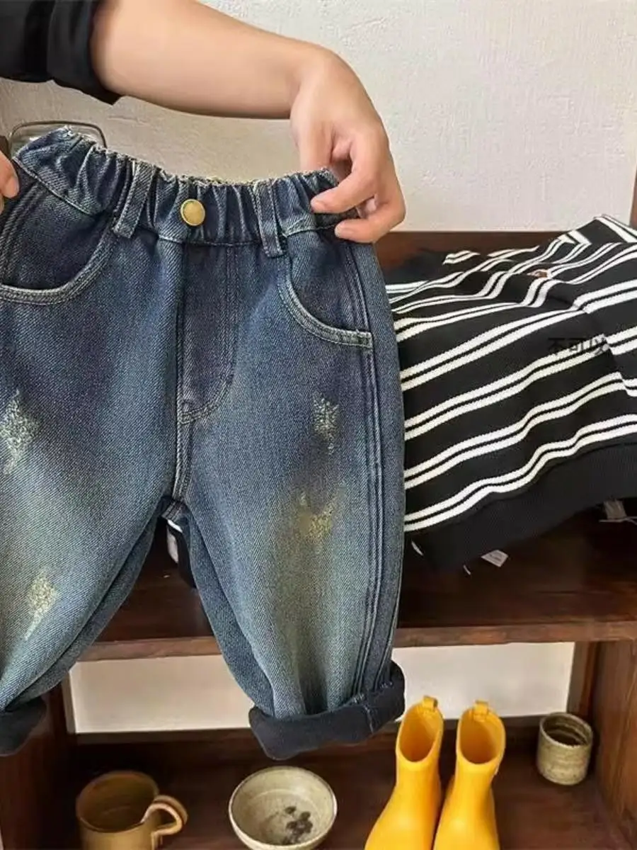 Thiened Fce 아동용 데님 청바지 가을 겨울 캐주얼 스트레이트 팬츠 아기 소년용 다용도 따뜻한 바지