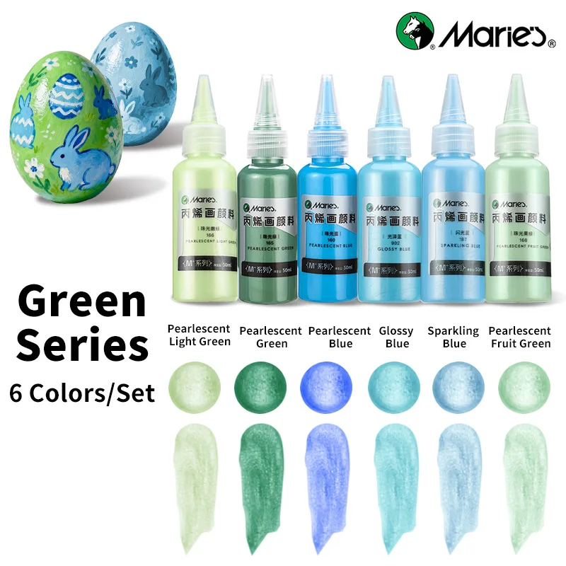 Marie's 6 grüne Metallic-Acrylfarben-Set, Perlglanz-Pigment-Kit mit satten, glänzenden Farben für DIY, Holz, Glas, Modellbau (50 ml/1,69 oz pro Farbe)