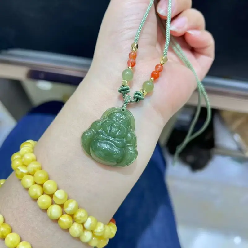 Natural Hetian , Maitreya Big Belly Necklace with Hanging Cord, Laughing Buddha Jade Pendant