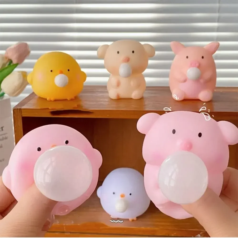 Sensory Toy Cartoon Animal Squeeze Toys Chick Pig Blow Bubble Fidget Toys 3D Fidget Toy Pinch Decompression Toy Funny Toys