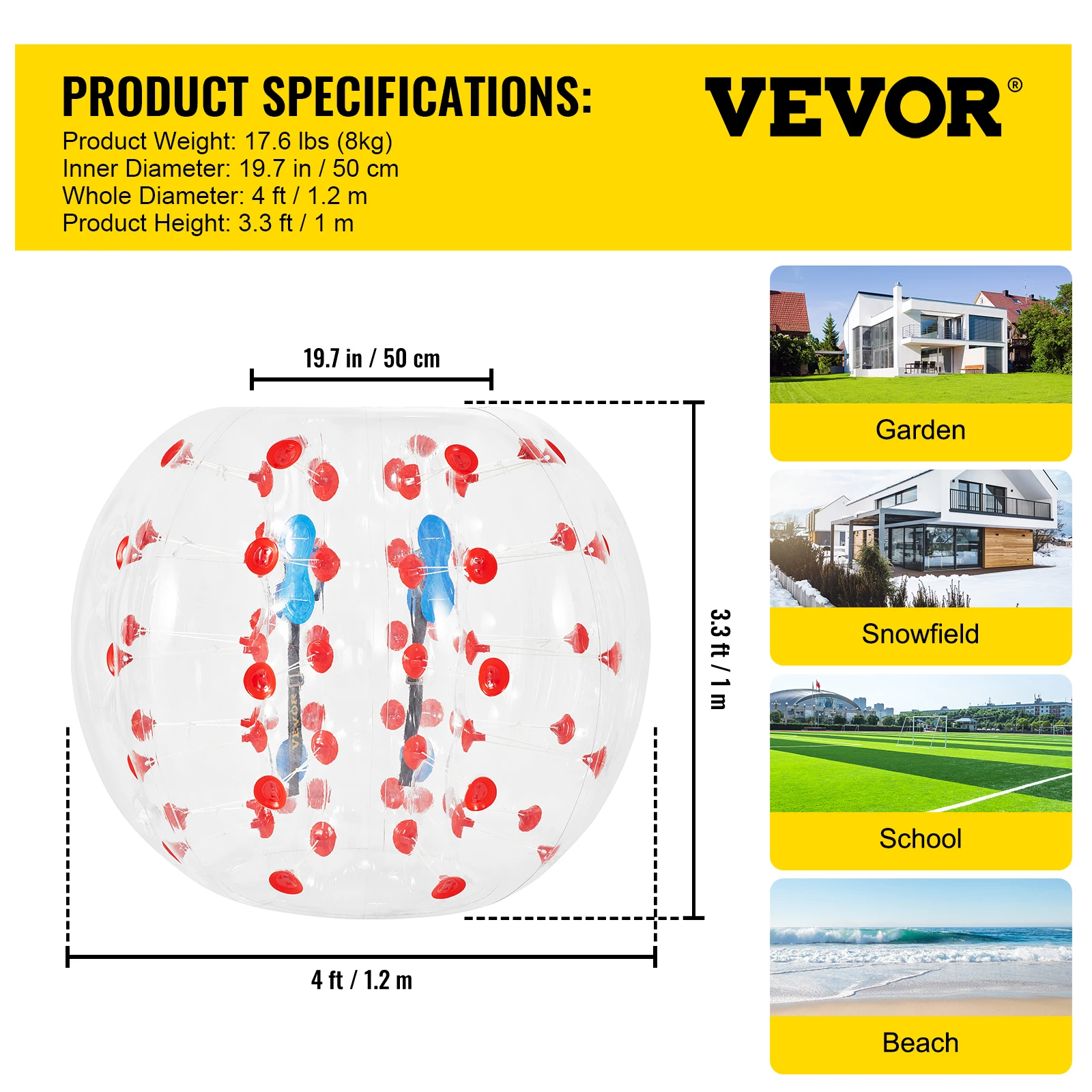 VEVOR Palla Paraurti Gonfiabile, Diametro Intero 1,2 m Punto Rosso Paraurti Gonfiabile Calcio PVC Zorb, Altezza 1 m 8 kg Palla Zorbing, Ampiamente Usato in Cortile, Parco, Spiaggia, Centro di Gioco