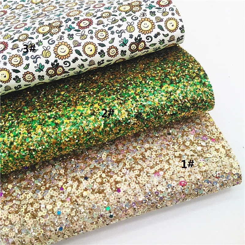 Gold Sequins Glitter Leather Sheets Green Gold Mixed Glitter Leather Crack Faux ZLeather Sunflowers Craft Sheets Mini Rolls W357