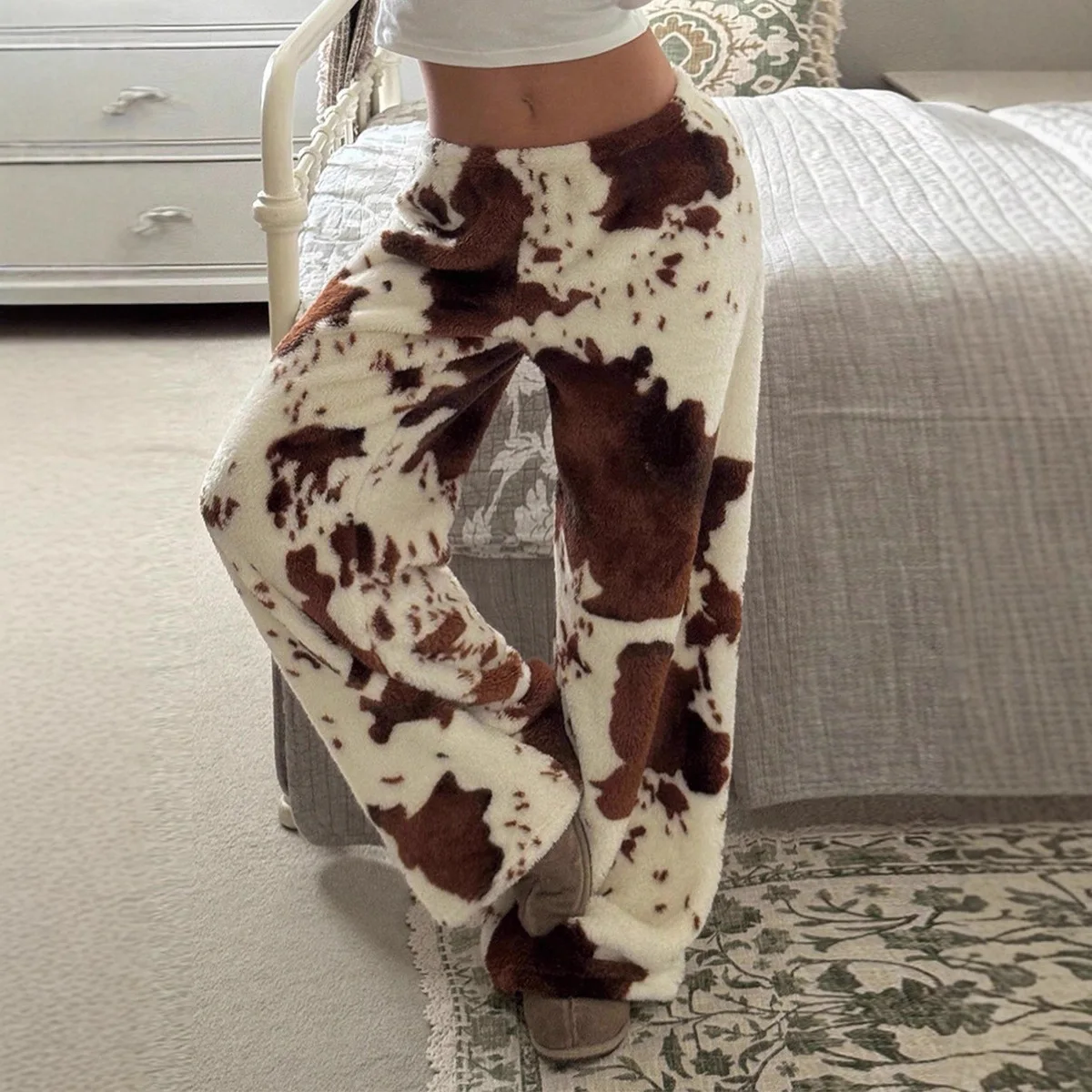 

Новые зимние свободные флисовые повседневные пуховые брюки с принтом, женские брюки