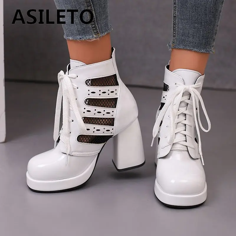

ASILETO Fashion Women Ankel Boots Square Toe Block Heels Platform Lace Up Plus Size 41 42 43 Leisure Daily Female Summer Booties