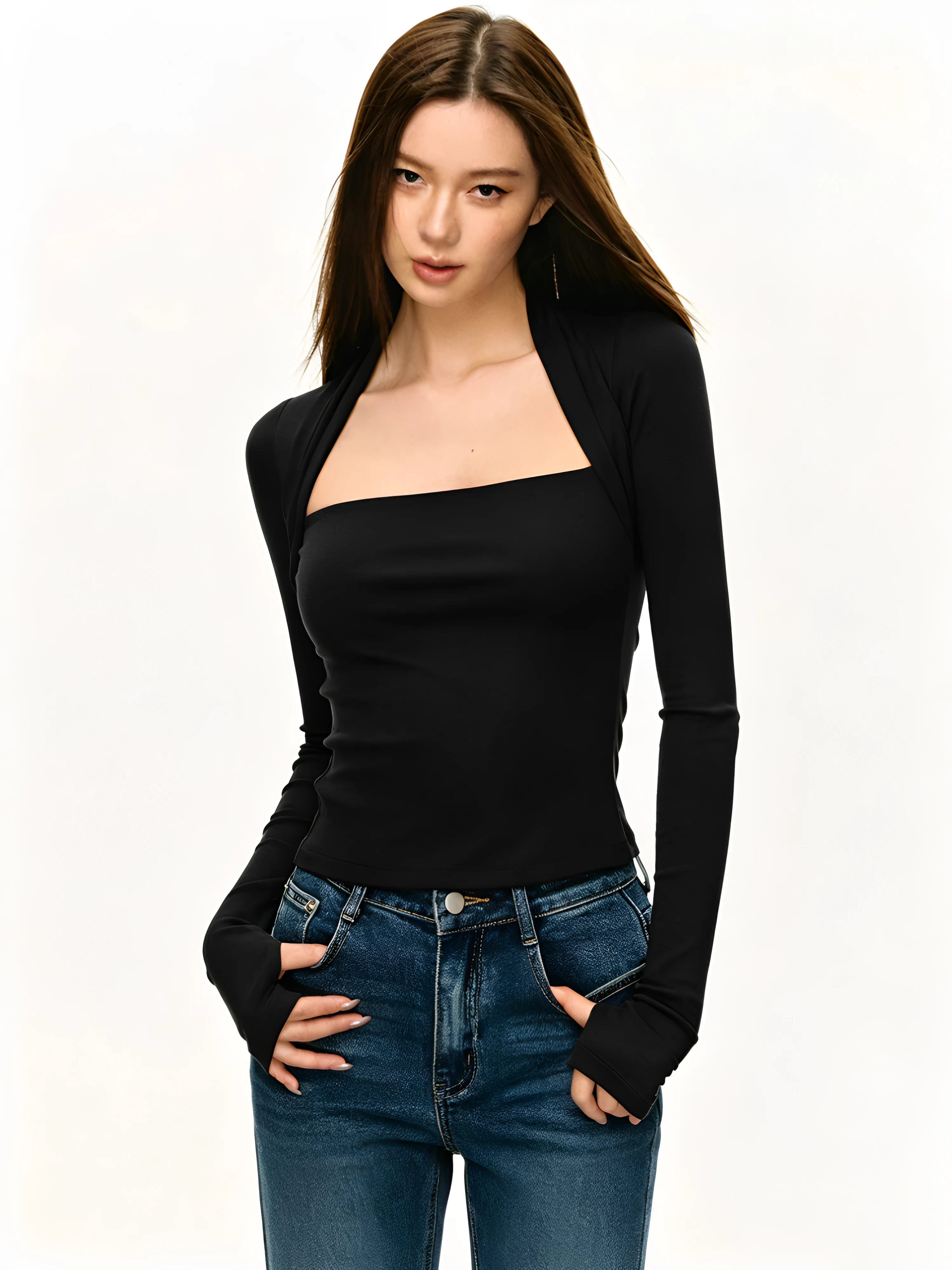 Spring Autumn 2026 Women's Slim Fit Long Sleeve T-Shirt Square Collar Base Shirt Sexy Inner Wear Shoulder Level Outerwear