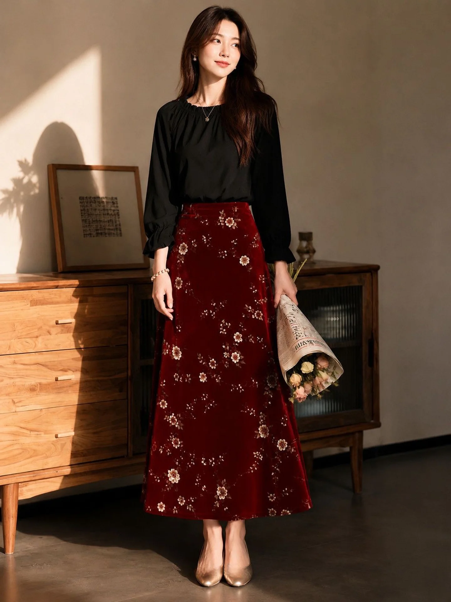 Retro American Wine Red Floral Gold Velvet A-Line  Skirt Women's Fashion Slimming High Waist Autumn New Style Commute