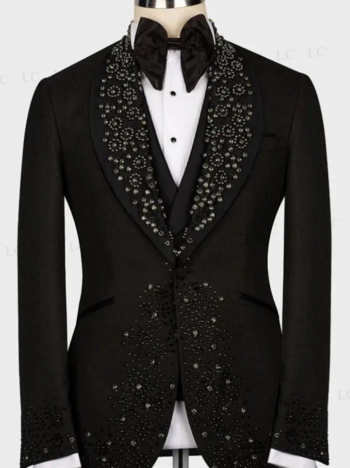 3 Pieces Sparkly Men Suits Luxury Blazer Vest Pants Diamonds Beads One Button Pearls Party Wedding Groom Plus Size Tailored