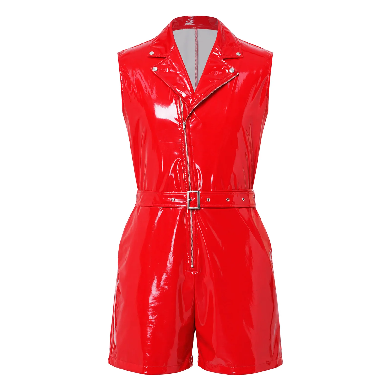 Mens Patent Leather Jumpsuit Romper Sleeveless Bodysuit with Adjustable Belt and Pockets for Rave Party Festival Club Night Out