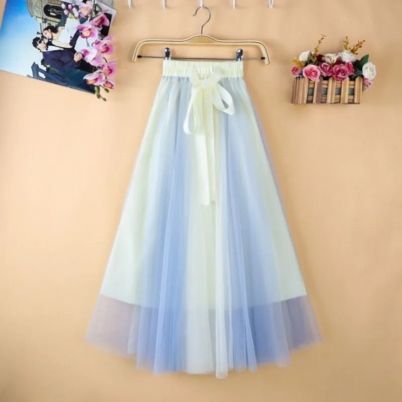 New pleated Skirt Medium Long A-line Color blocked Mesh Half Body Skirt Hanging Yarn Skirt Women's Half Body Looks Thin