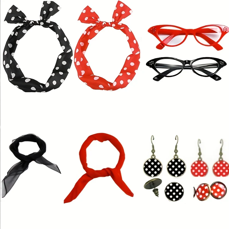 

Аксессуары для костюмов на Хэллоуин, женский костюм 1950-х годов, очки «кошачий глаз», шарф в горошек, серьги, повязка на голову, подарки на вечеринку