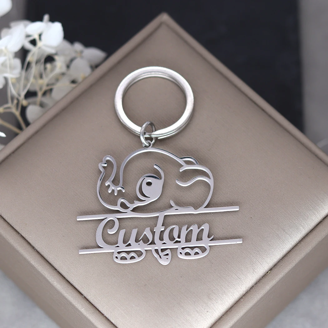 QIMING Custom Name Elephant Keychain For Men Stainless Steel Customized Pendant Key Ringanimal Cartoon  Jewelry Birthday Gift