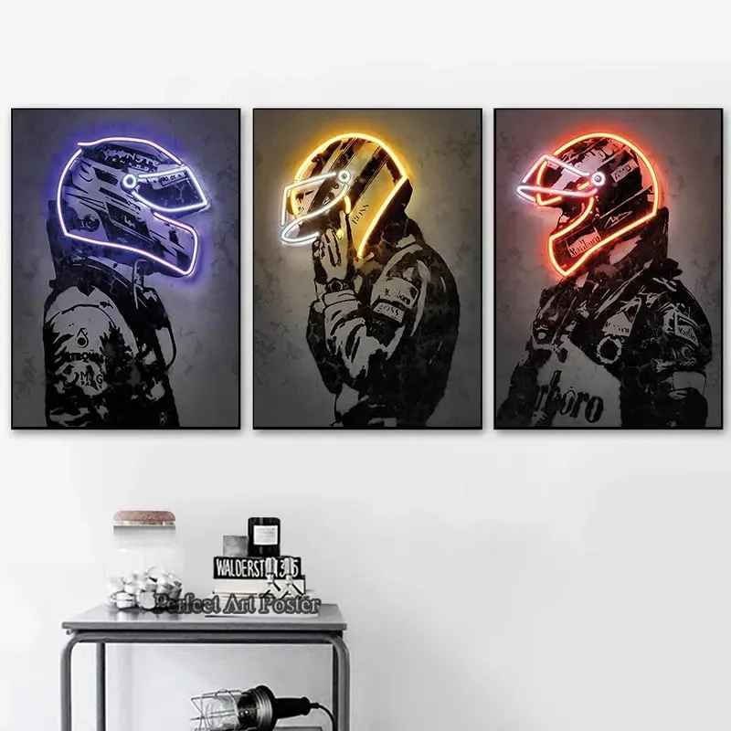 Neon Effect Helmet Art F1 Racer Posters Prints Wall Art Famous Driver Canvas Painting Racing Cars Pictures Bedroom Decor NO LED