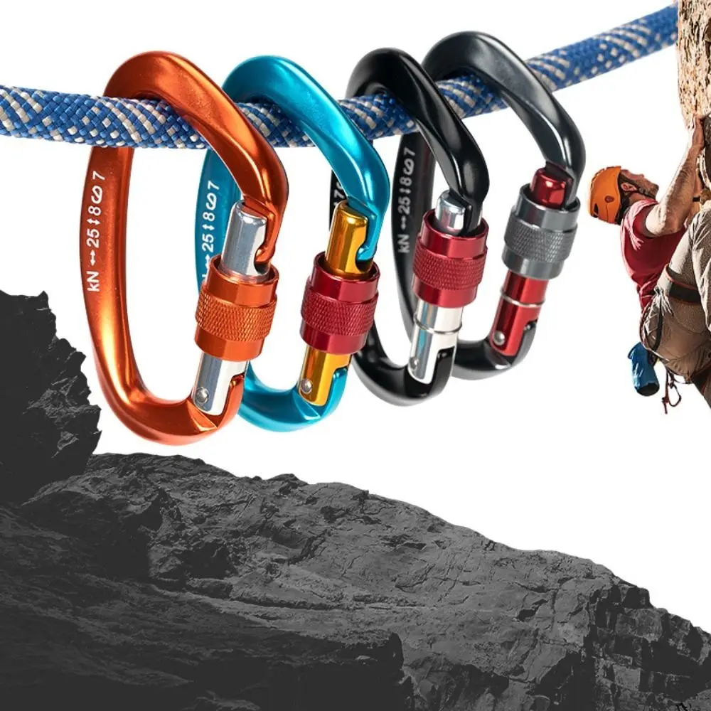 

D-shape 25KN Climbing Carabiner Aluminum Alloy Non-slip Hammock Locking Clip Wear-resistant Security Screw Lock Design Key Hook
