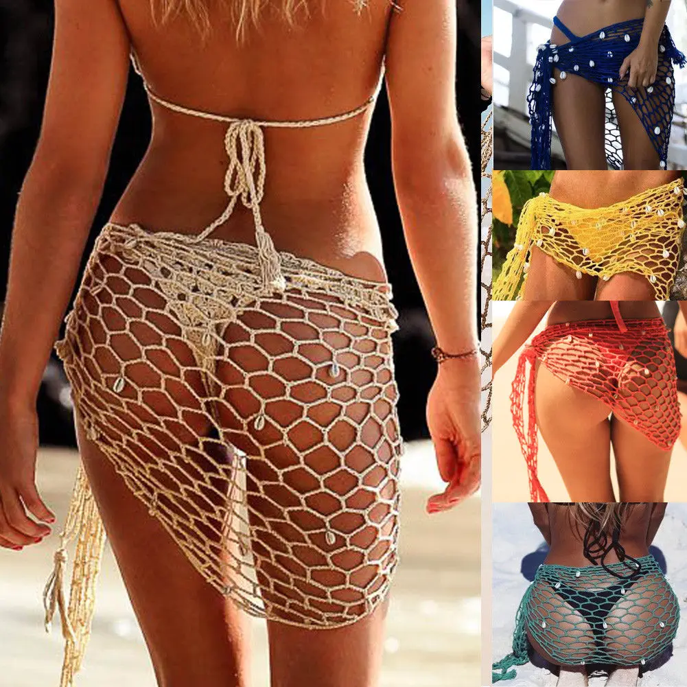 Mulheres acutes roupa de banho triângulo envoltório fishnet cor sólida conchas maiô saia biquíni cover-up xale verão praia cobrir