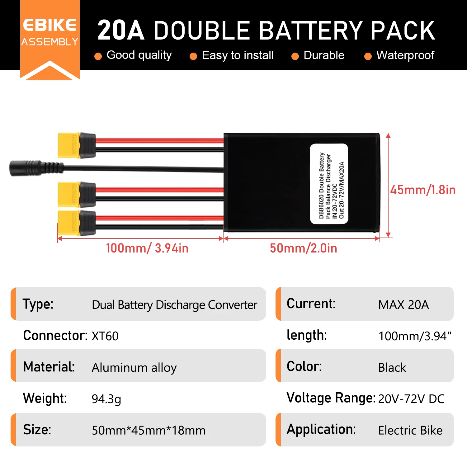 20A Ebike Double Battery Discharge Converter With Charging Head 20V-72V Balanced Discharge Module For Electric Bike Scooter