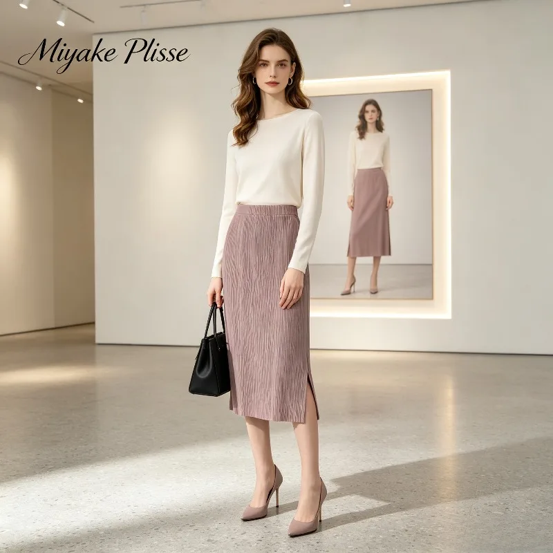 Miyake Pleated 2026 Autumn New Original Solid Color Pleated Skirt Women Fashion Casual Elastic High Waist A-line Skirt Pleat
