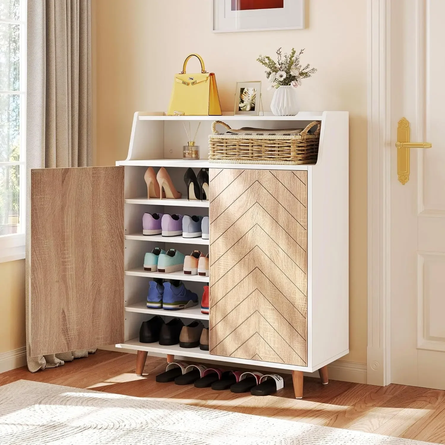 Shoe Cabinet with Doors, 5-Tier Shoe Storage Cabinet with Open Shelves, Large Capacity Wooden Shoes Rack Organizer with