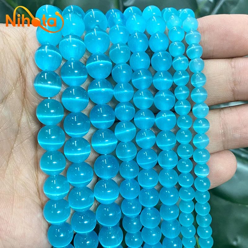 Smooth Light Blue Cat Eye Beads Natural Opal Stone Round Loose Beads For Jewelry Making DIY Bracelet Necklace 15\