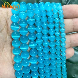 Smooth Light Blue Cat Eye Beads Natural Opal Stone Round Loose Beads For Jewelry Making DIY Bracelet Necklace 15