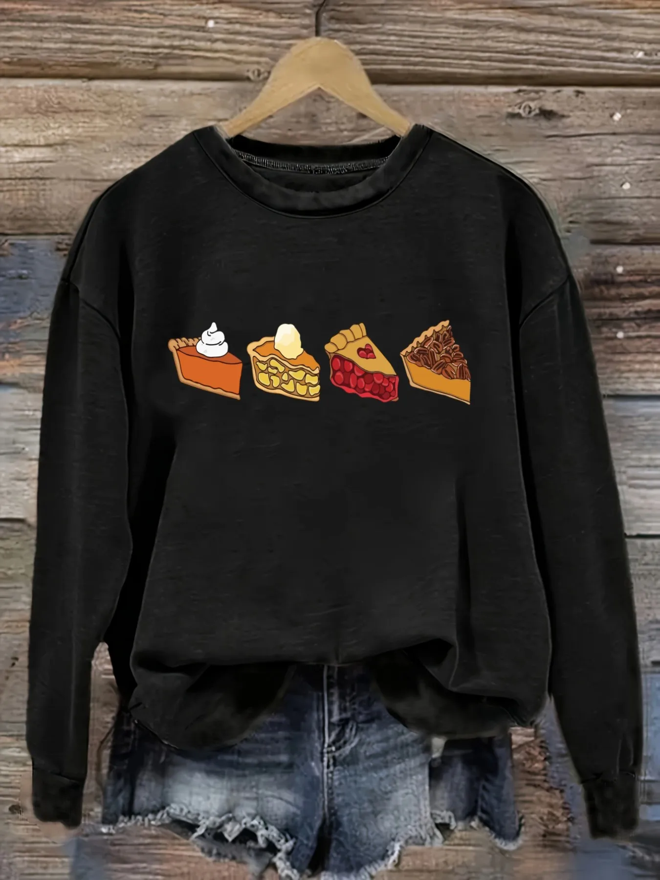 Women's Casual Long Sleeve Crew Neck T-Shirt Four Pie Slices Printed Design Design, Round Neck Women's Clothing, Machine Washable, Slightly Elastic, Loose Fit, Spring Autumn Winter Women's T-Shirt, Halloween Costume Outfit