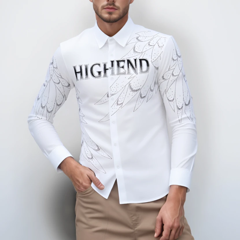 Luxury Letter Rhinestone Men's Shirt High End Long Sleeved Casual Business Dress Shirt Social Banquet Party Performance Costumes