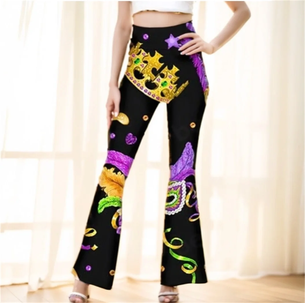 

Ladies High Waist Wide-Leg Pants Carnival Mask Print Casual Bell Bottoms Comfortable Fashionable Ladies Pants
