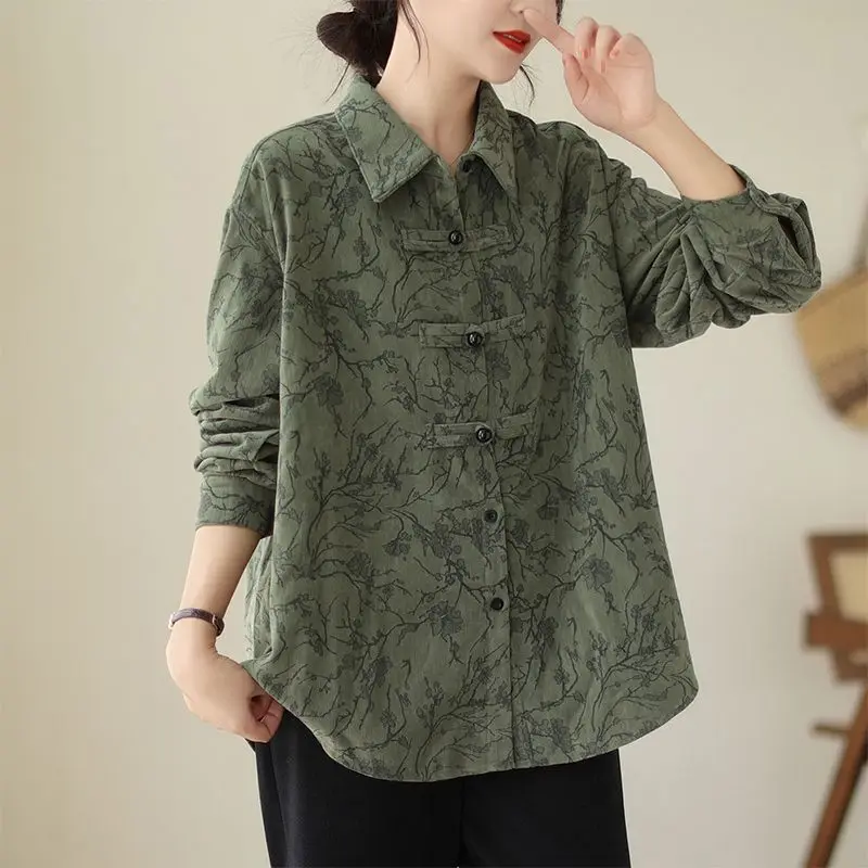 Spring and Autumn Women\'s Long Sleeved Polo Neck Loose Chinese Style Shirt Printing Button Vintage Fashion Casual Formal Tops