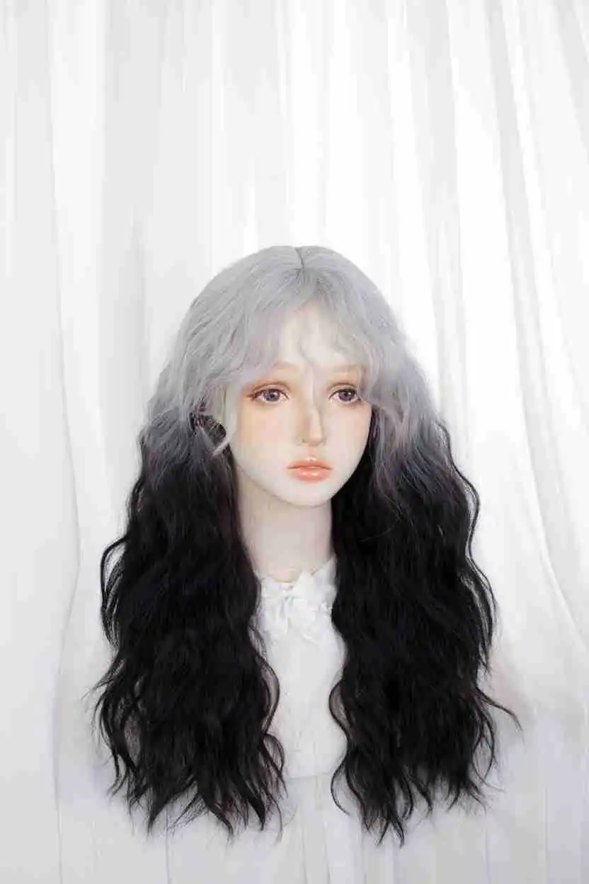 Wig Women's Long Hair Fashion Network Red Same Style Grey Gradual Black Large Wave Natural Air Bang Curly Hair Wig